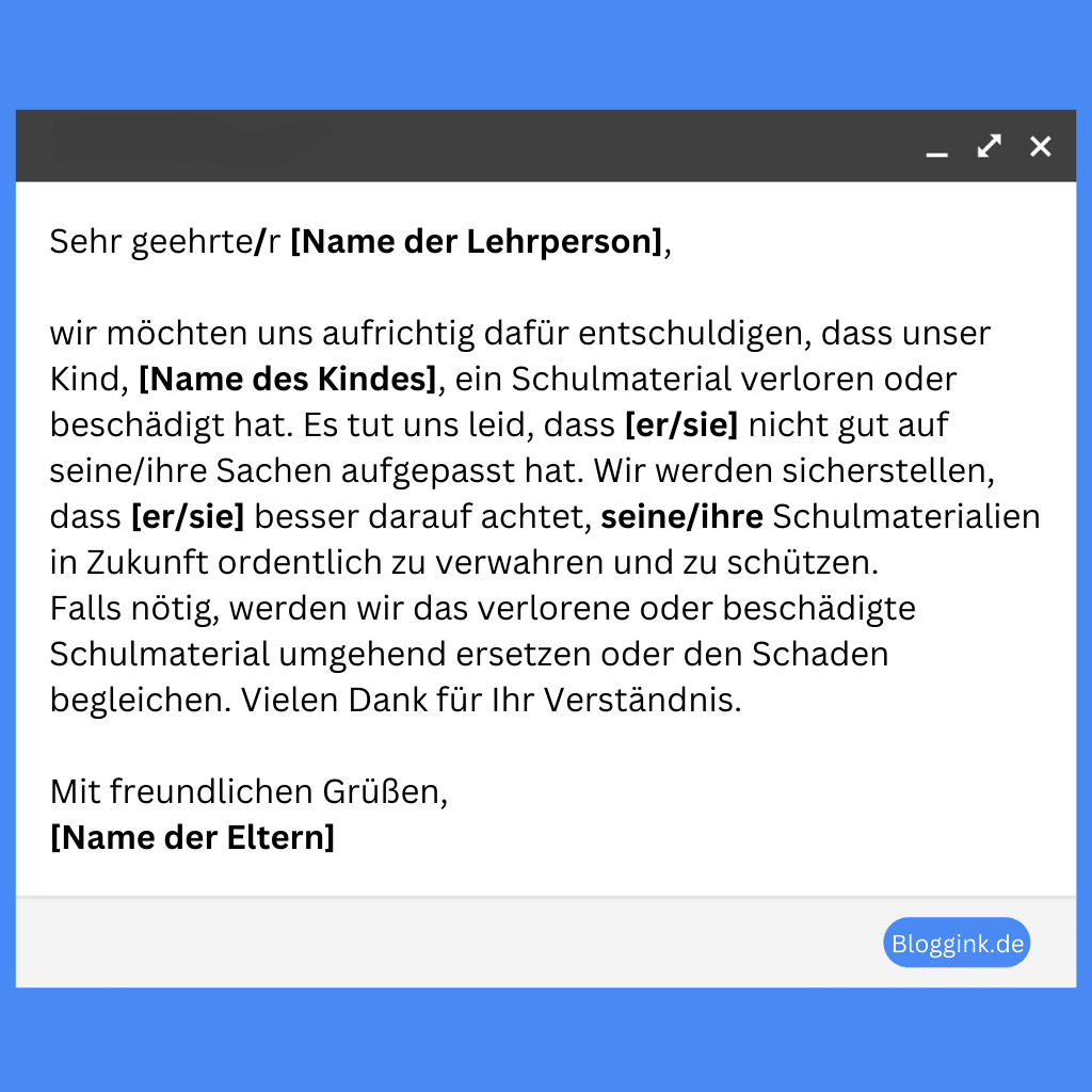 Entschuldigung für eine verlorene oder beschädigte Schulmaterialien